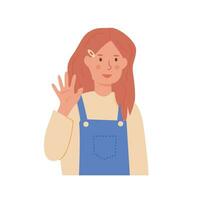 Little smiling school girl waving hand. Happy kid with two ponytails in greeting gesture saying hello or goodbye. Portrait of child from kindergarten or elementary school. Flat vector illustration.