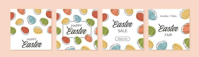 Happy Easter set of sale banners, greeting cards, posters, holiday covers or social media post. Trendy Easter square abstract templates. Modern art in minimalist style. Vector illustration.