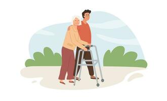 A caregiver and old age woman with walker outdoors. Assisted living concept. Volunteer helping elderly lady. Scene of social worker walking with senior person in nature. Vector flat illustration.