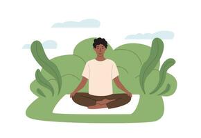 Young female and male with crossed legs and closed eyes meditating on nature. Woman or man sitting cross legged outdoor at park and practicing yoga. Meditation, abdominal breathing spiritual practice. vector