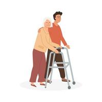 A caregiver and old age woman with walker outdoors. Assisted living concept. Volunteer helping elderly lady. Scene of social worker walking with senior person in nature. Vector flat illustration.