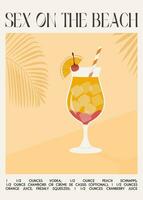 Sex On The Beach Tropical Cocktail garnished with orange and cherry. Classic alcoholic beverage recipe wall art print. Summer aperitif poster. Minimalist alcoholic drink placard. Vector illustration.