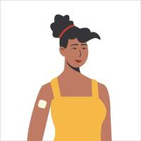 anticoncepción método. vector plano hembra africano personaje con anticonceptivo parche en su brazo. nacimiento controlar para mujer y el embarazo prevención. ilustración.