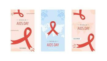 Set of World AIDS Day card. Red awareness ribbon with world map on background. HIV symbol or emblem. Social media story or vertical banner template. Vector illustration in flat style.