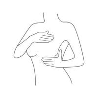 Line art woman self checking for Breast Cancer. Vector female outline silhouette examining breast on white background.