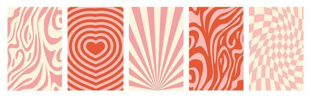 Groovy funky backgrounds in red and pink colors. Valentine day. Romantic contemporary hippie love posters. Set of simple abstract groovy background in trendy retro 60s 70s style. Vector illustration.
