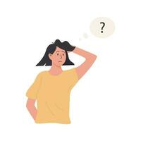 Thinking character. Portrait of thoughtful person with question mark. Young woman solving problem, making decision. Flat style vector illustration.