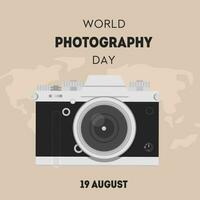 World photography day greeting card. Square banner with a hand holding digital camera in retro look. Background with world map. Vector illustration in flat cartoon style.