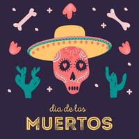 decorativo cuadrado tarjeta con azúcar cráneo vistiendo sombrero mexicano nacional fiesta día de el muerto. festivo modelo para dia Delaware los muertos decorado por huesos, flores y cactus. vector ilustración.