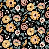 Floral Seamless Pattern of Flowers and Leaves in five Colors Yellow, White, Pink Peach, Grey Green on Black Backdrop, Wallpaper Design for Textiles, Papers Prints, Fashion Backgrounds, Beauty Products vector
