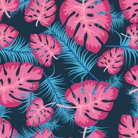 Vector seamless pattern with colorful tropical leaves. Cute bright and fun summer floral background in trendy blue pink style. Jungle leaf, exotic palm leaves. Vector illustration.