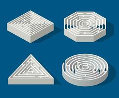 Set Labyrinth isometric game and maze fun puzzle isolated on blue background. Square, triangle, hexagon and circle. Puzzle riddle logic game isometric concept. Vector illustration