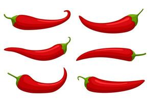 Hot red Chilly peppers set isolated on white background, cartoon mexican chilli, paprika icon signs. Spicy food symbols, cayenne peppers. Vector illustration.