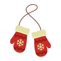 Red mittens with snowflakes isolated on white background. Winter gloves vector illustration.