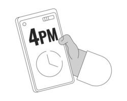 Checking time on smartphone cartoon human hand outline illustration. Alarm clock on mobile phone 2D isolated black and white vector image. Cellphone using gadget flat monochromatic drawing clip art