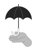 Umbrella holding cartoon human hand outline illustration. Rainy weather protection parasol 2D isolated black and white vector image. Weatherproof. Risk management flat monochromatic drawing clip art