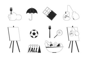 Boosting mental health black and white 2D line cartoon objects set. Sweets diet healthy, sports equipment isolated vector outline items collection. Hobbies, eat monochromatic flat spot illustrations