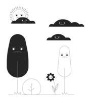 Sad plants in gloomy weather black and white cartoon flat illustration. Autumn trees 2D lineart fairy personages isolated. Sun hiding behind cloud overcast monochrome scene vector outline image
