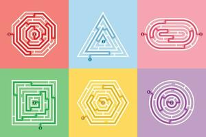 Labyrinth different shapes game and maze fun puzzle set. Maze square, round, hexagon, oval and triangle puzzle rebus riddle logic game concept. Vector illustration