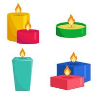 Set colorful candles isolated on white background. Aromatherapy burning candles with aromatic plant and essential oils for spa. Elements for new year, christmas cards and romantic. Vector illustration