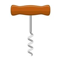 Corkscrew isolated on white background. Bottle opener. Steel spiral corkscrew with wooden handle in flat. Vector Illustration