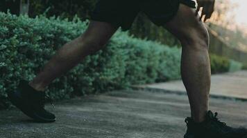 Attractive young man stretching in the park before running at the sunset focus on shoes video