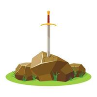 Sword in stone isolated on white background. King Arthur's sword, legendary Excalibur. Medieval weapons and rock. Metaphor for goals, dedication or determination. Vector illustration.