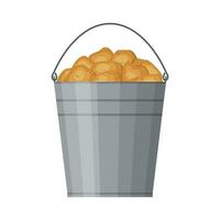 Metal bucket filled with potatoes isolated on white background. Harvested crop, pile of tubers plant. Fresh organic vegetable garden. Vector illustration.