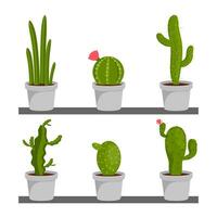Set of cactus houseplants in flower pots. Cactus icons in a flat style on a white background. Plants Vector illustration
