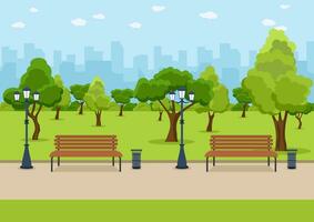 City Park wooden bench, lawn and trees, trash can. Walkway and Street light. Town and city park landscape nature. Vector illustration