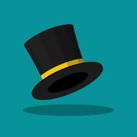 Black Top Hat isolated on blue background. Cylinder gentleman hat, broad-brimmed magic hat with yellow ribbon. Stylish men accessory. Vector illustration.