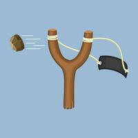 Wooden slingshot with flying stone isolated on a blue background. Homemade slingshot wooden handle with rubber bands. Wooden catapult. Children toy for throwing stones. Vector illustartion.