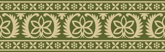 Vector seamless gold and green Indian national ornament. Ethnic endless plant border. Flowers frame. Poppies and leaves