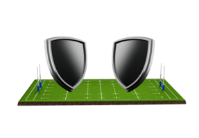 3d dois esvaziar Preto escudo ícones em rúgbi estádio com verde Relva campo, 3d ilustração png