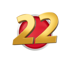 Gold Nummer 22 Gold Nummer zwanzig zwei auf gerundet rot Symbol, 3d Illustration png