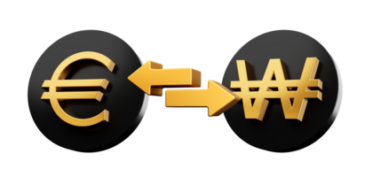 3d gouden euro en won symbool Aan afgeronde zwart pictogrammen met geld uitwisseling pijlen, 3d illustratie png