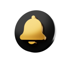 Bell icon on black icon with gold button. 3d illustration png