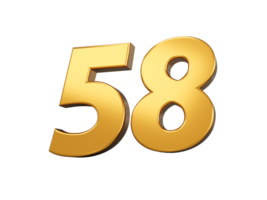 Gold Nummer 58 fünfzig acht . glänzend 3d Nummer gemacht von Gold 3d Illustration png