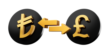 3d gouden lire en pond symbool Aan afgeronde zwart pictogrammen met geld uitwisseling pijlen, 3d illustratie png