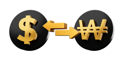 3d Golden Dollar And Won Symbol On Rounded Black Icons With Money Exchange Arrows, 3d illustration png