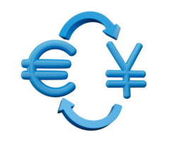 3d azul euro e iene símbolo ícones com dinheiro troca Setas; flechas, 3d ilustração png