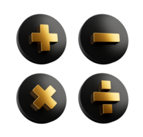 3d d'or plus, moins, multiplier et diviser symbole sur arrondi noir Icônes, 3d illustration png