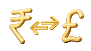 3d gouden Indisch roepie en pond symbool icoon met geld uitwisseling pijlen 3d illustratie png