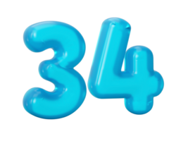Blue jelly digit 34 thirty four Jelly colorful alphabets numbers for kids 3d illustration png