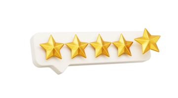 3d Five Golden Shiny Rating Stars Symbol With 3d White Chat Icon 3d illustration png