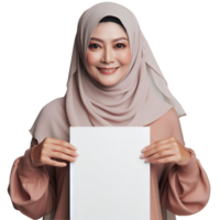 ai gerado uma muçulmano mulher vestindo uma hijab é segurando uma branco papel png