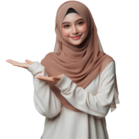 ai généré une musulman femme portant une hijab se tenait avec sa mains posé dans une geste de offre png