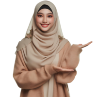 AI generated A Muslim woman wearing a hijab stood with her hands posed in a gesture of offering png