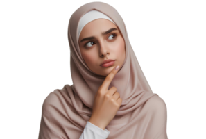 AI generated A Muslim woman wearing a hijab, with a thoughtful expression, is searching for an idea in a transparent background PNG