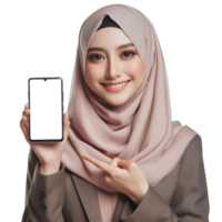 AI generated A Muslim woman wearing a hijab holds a smartphone with a white screen png